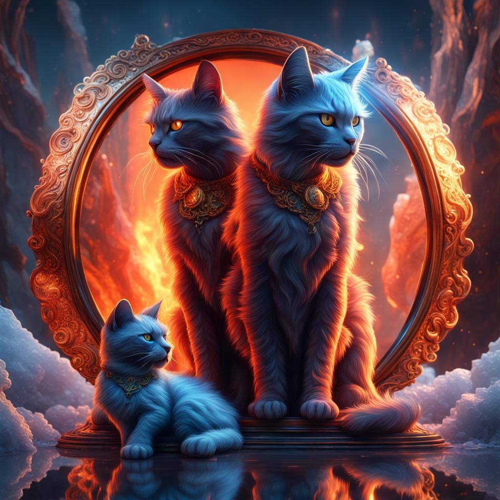 Fire Cat and Ice Cat Reflection in Matte Painting