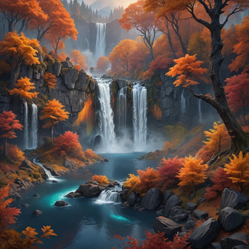 Vibrant Autumn Waterfall in Fantasy Landscape