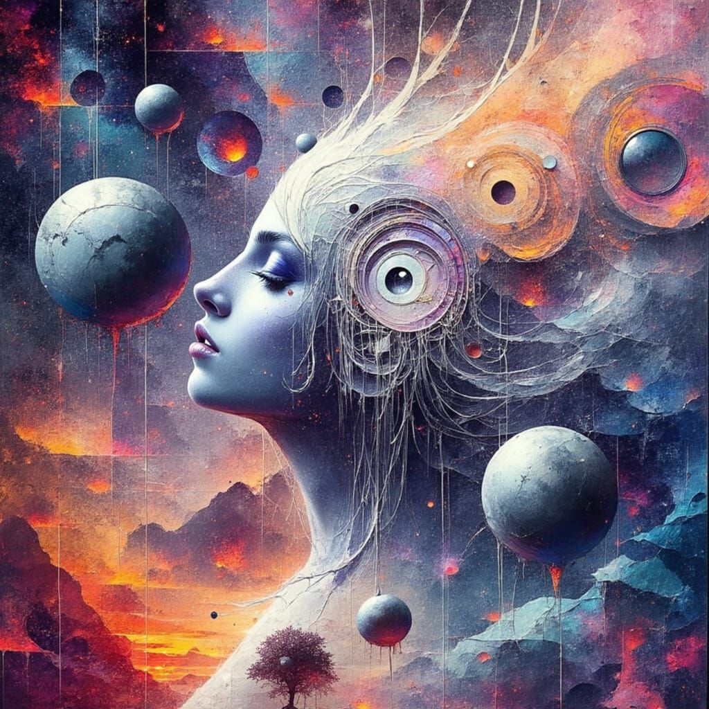 Surrealist Woman in a Dreamlike Cityscape