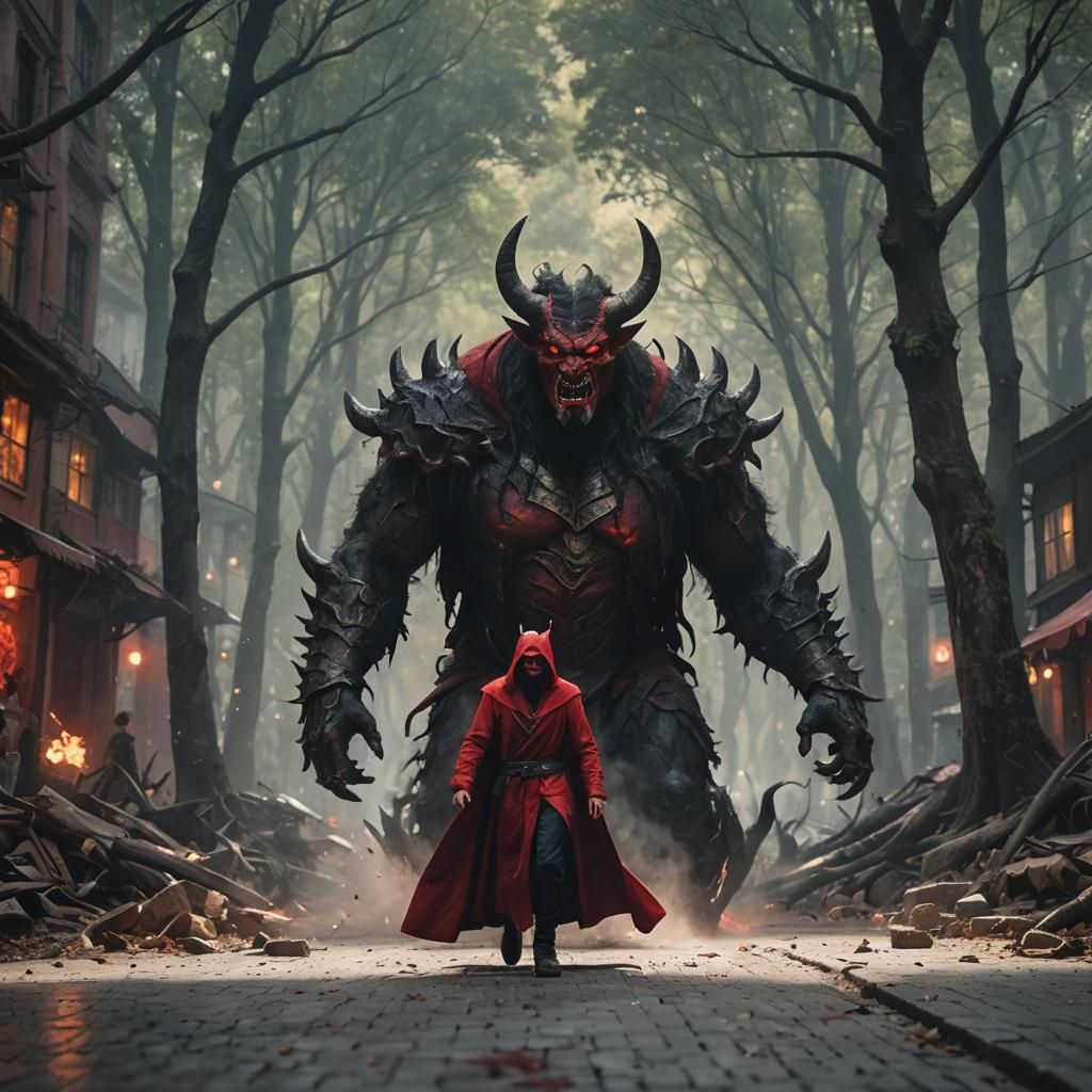 Giant Horned Demon Pursues Red-Cloaked Man