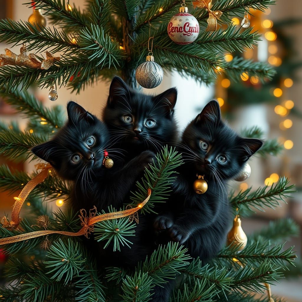 Two Adorable Kittens Play Amongst a Festive Christmas Tree