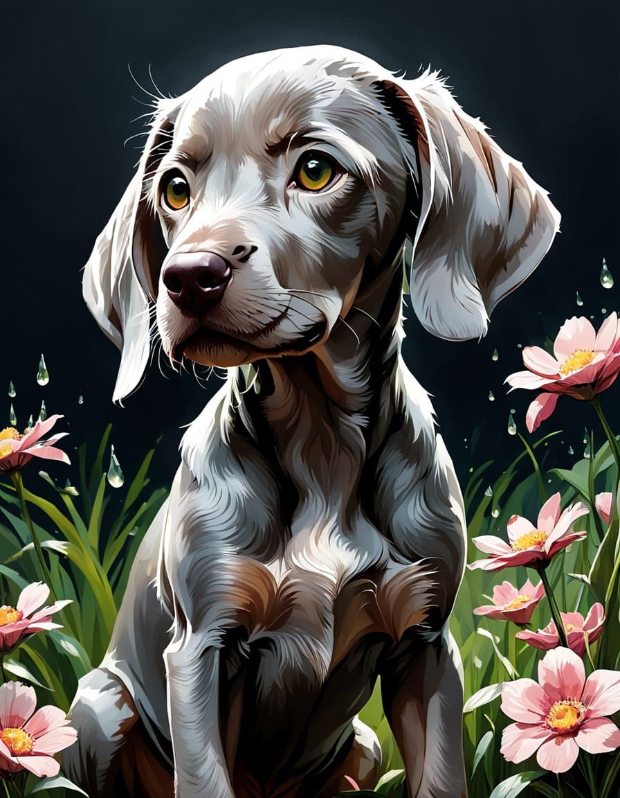 Adorable Weimaraner Puppy in Floral Spring, Digital Painting