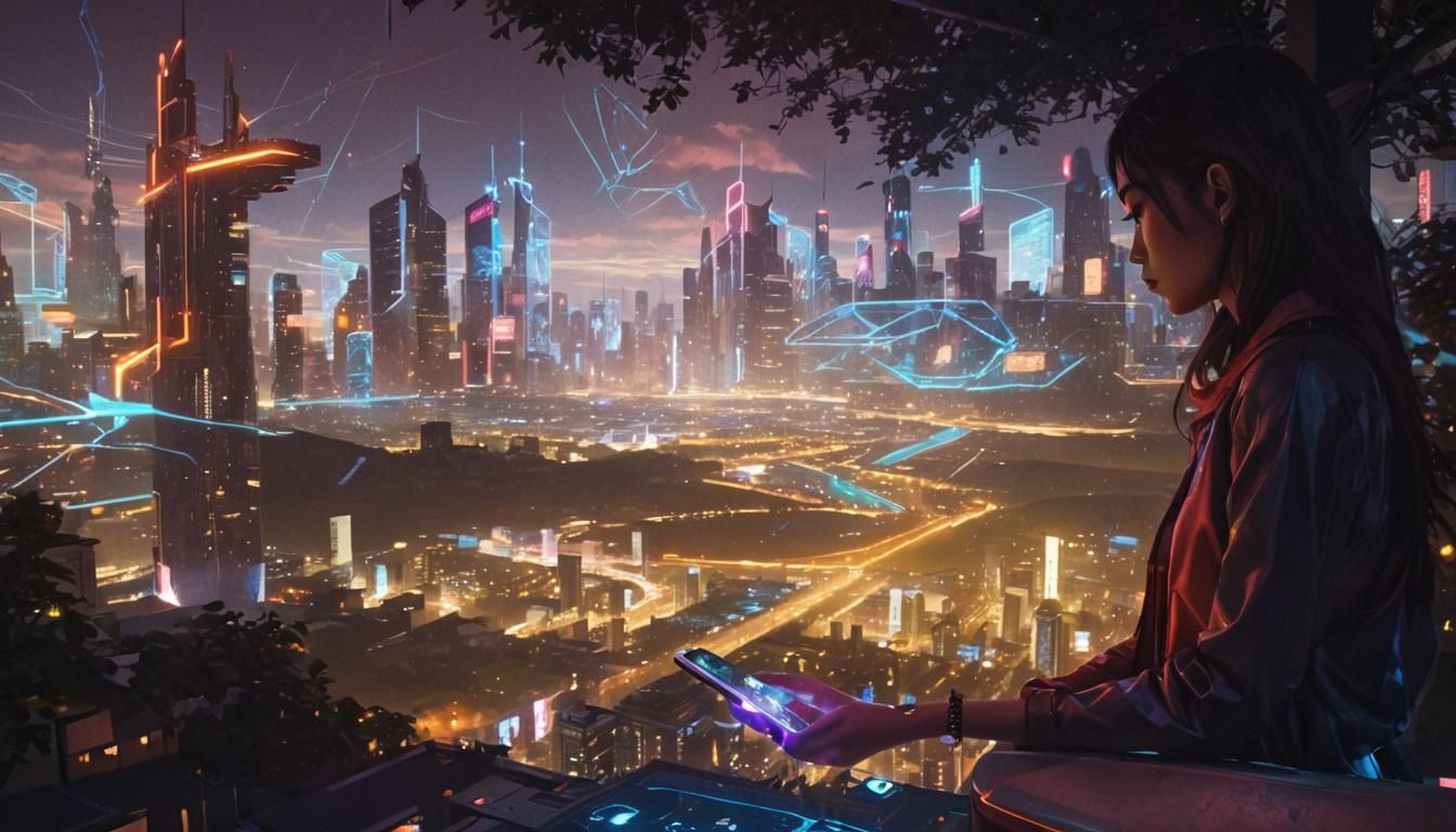 Neon Cityscape: Woman with Futuristic Smartphone
