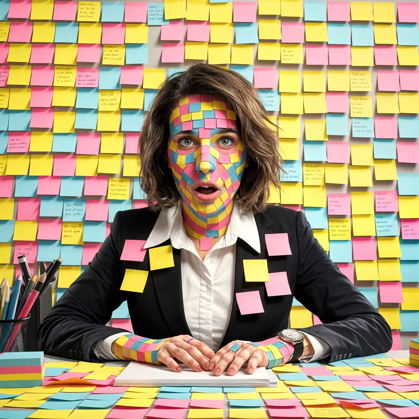 Vibrant Portrait of Busy Secretary in Sticky Notes