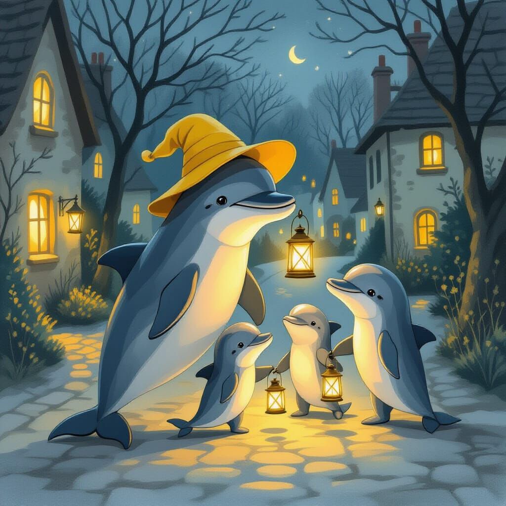 Dolphin Family Lantern Procession in Storybook Style