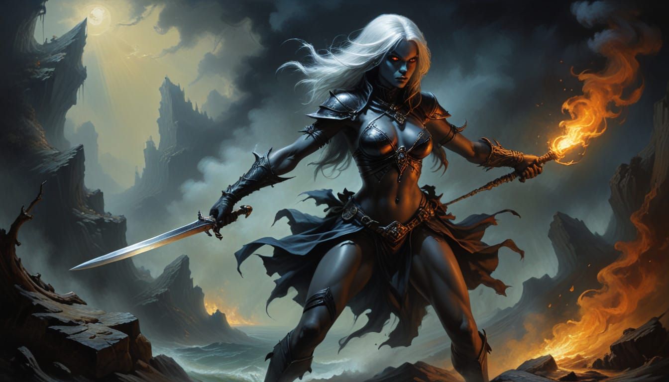 Drow Rogue Surrounded by Fiery Chaos in Oil Painting Style