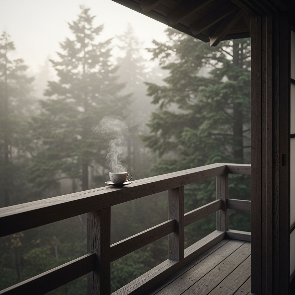 Serene Dawn Balcony with Steaming Teacup