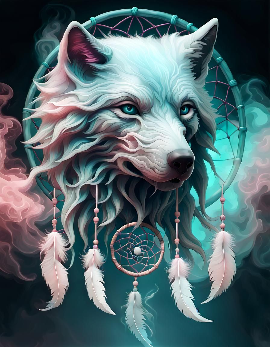 Ethereal Smoke Wolf Dreamcatcher in Fantasy Illustration