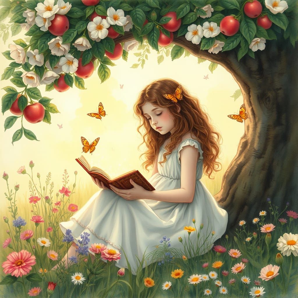 Girl in a Sunlit Meadow Beneath a Blossoming Apple Tree