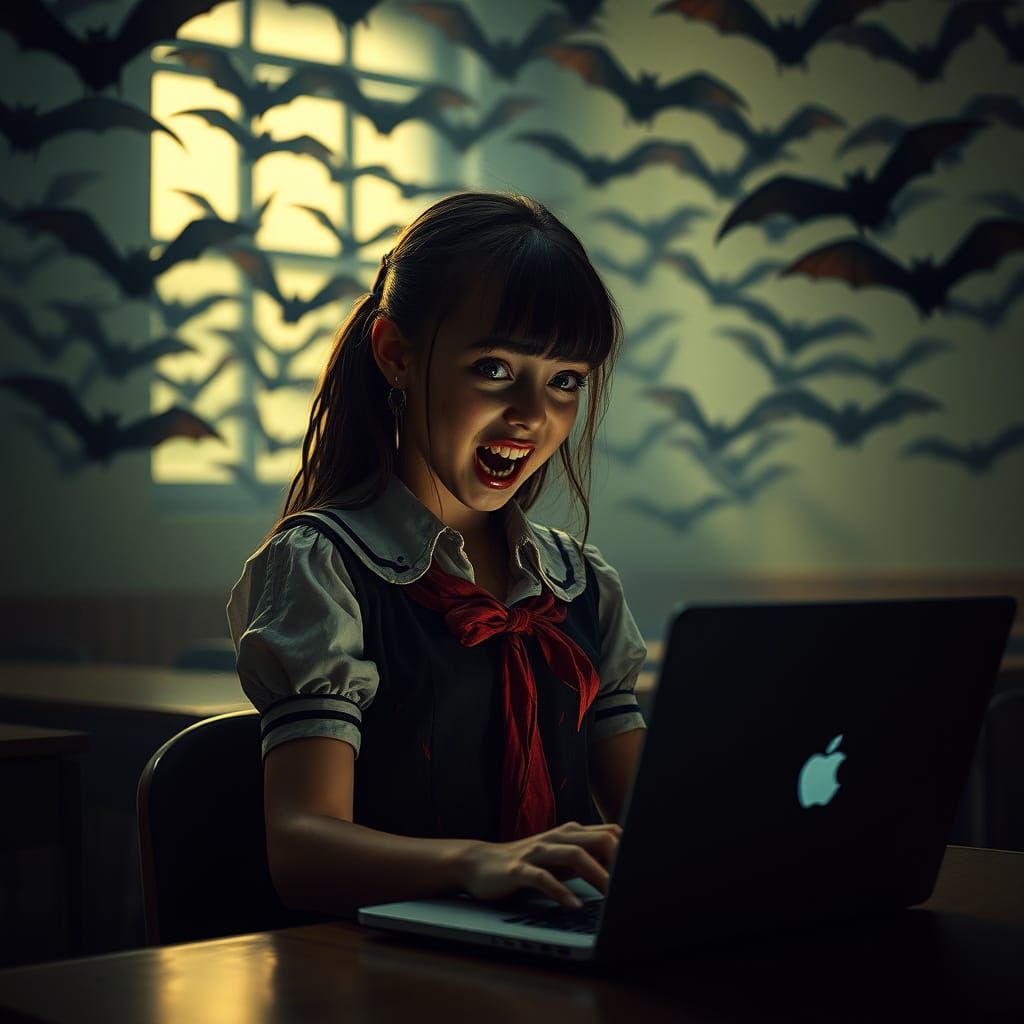 Ethereal Vampire Schoolgirl in a Haunting Classroom Scene