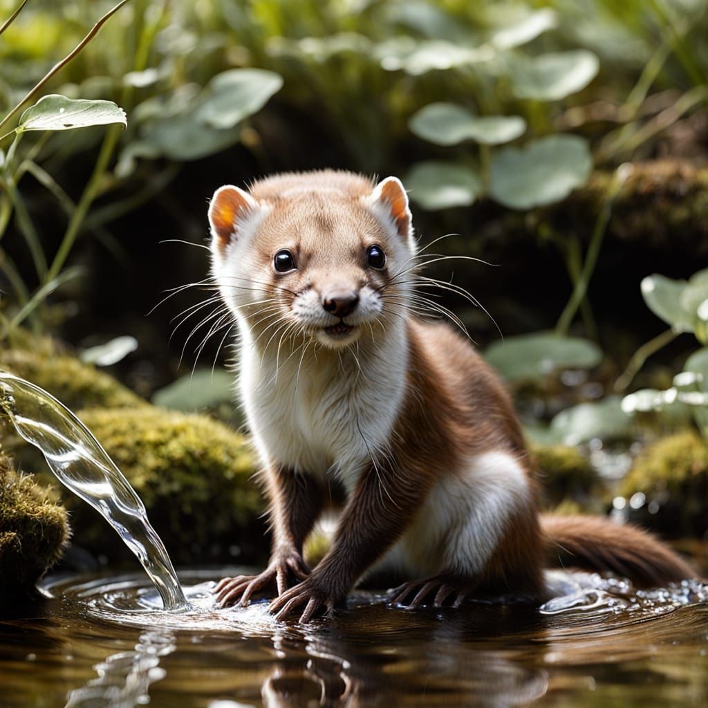 Whimsical Weasel Washing Scene in Dreamy Pastel Colors