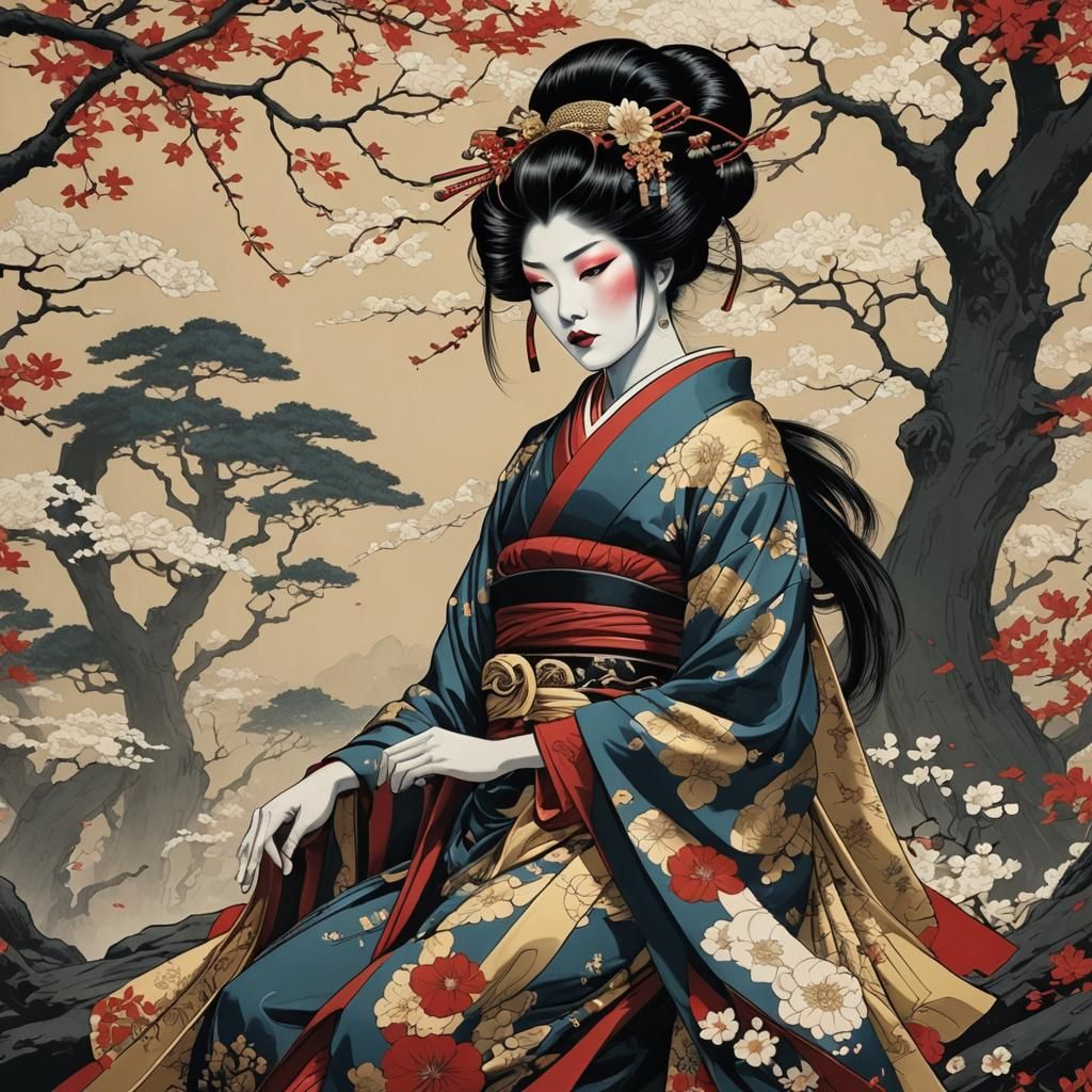 Colorful Geisha in Aubrey Beardsley Style