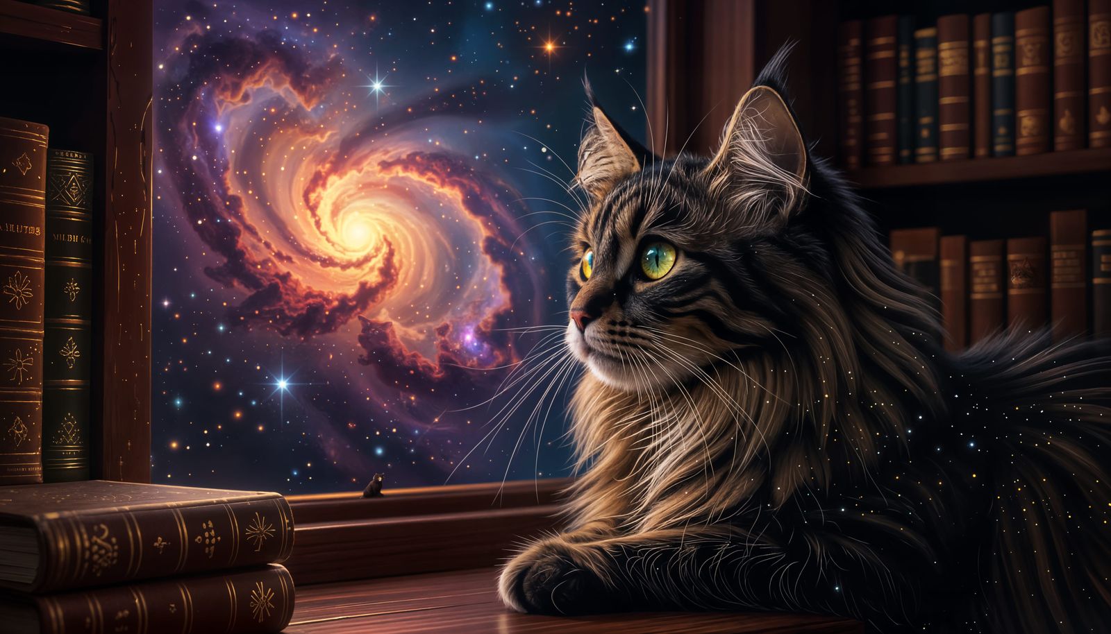 Wise Cat Gazes at Nebula in Cosmic Library