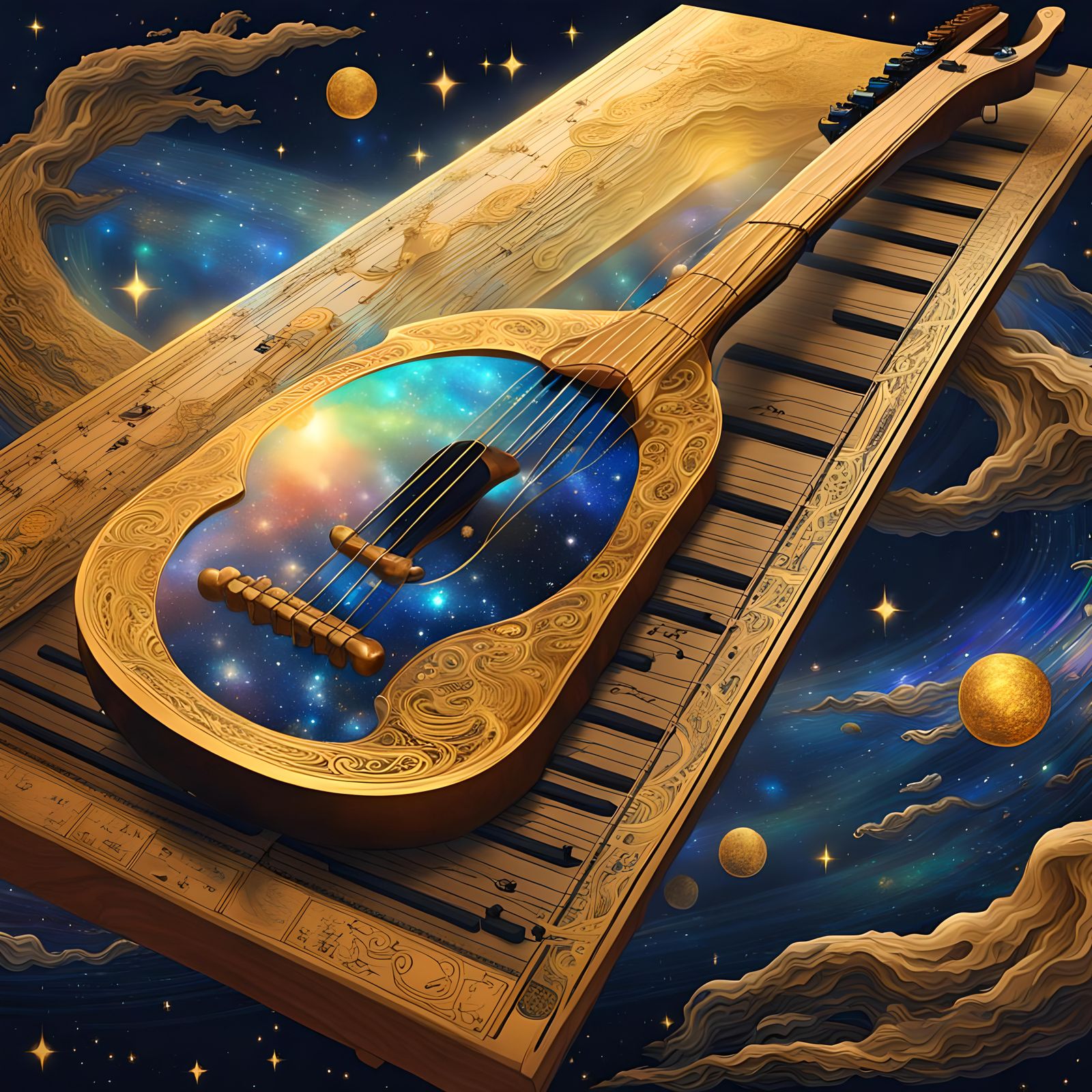 Astral Guqin Plays Flowing Streams: Holographic Illustration