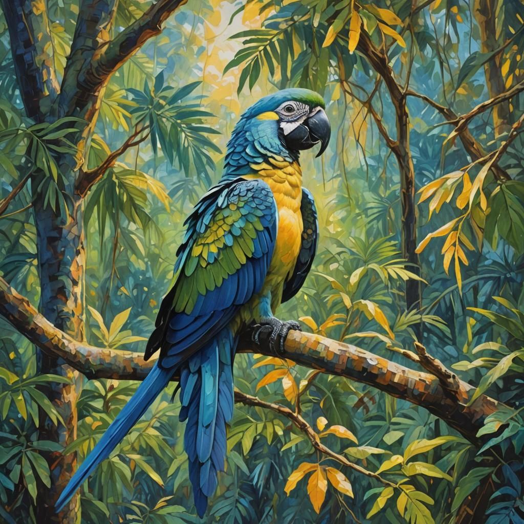 Fauvist Spix's Macaw in Rainforest Sunlight
