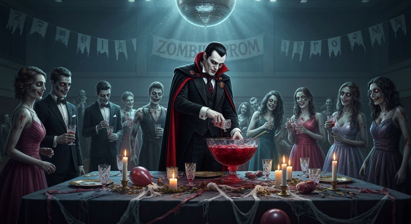 Vampire Serves Blood Punch at Zombie Prom Night