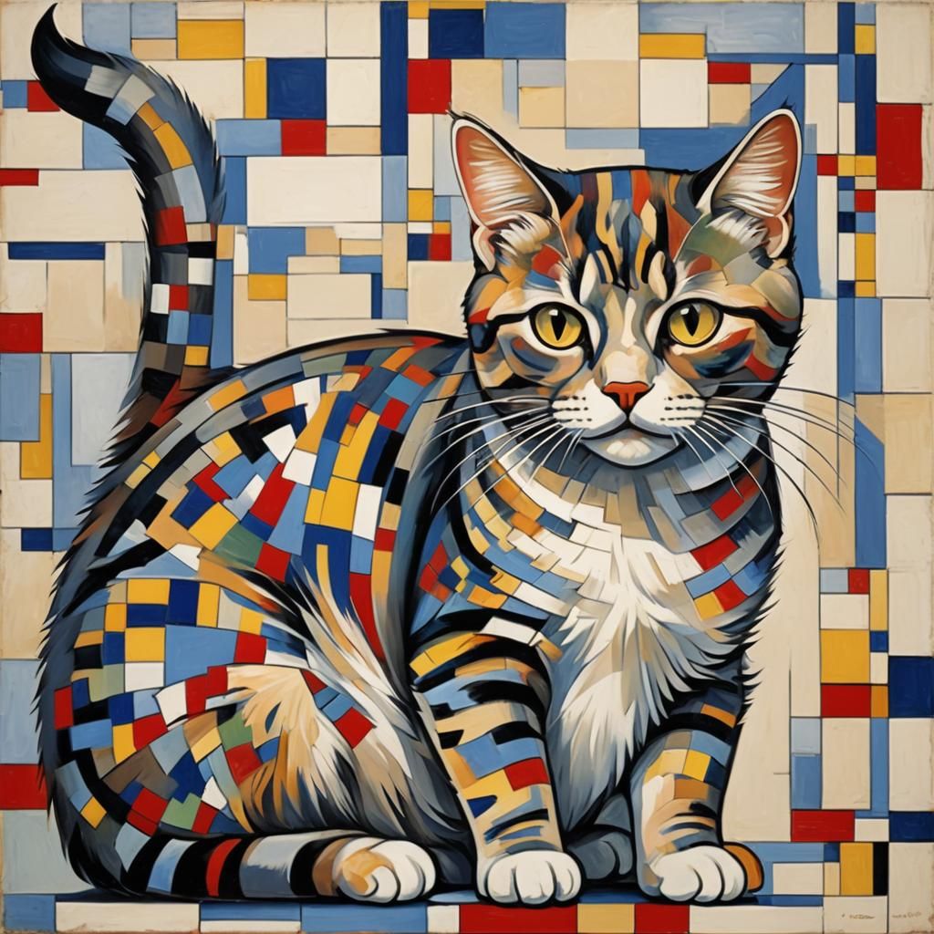 Abstract Cat in Mondrian Style with Stripes