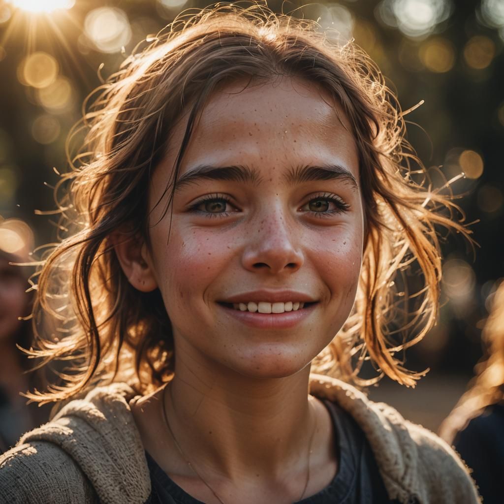 Joyful Girl in Golden Sunlight, Teary-Eyed Portrait