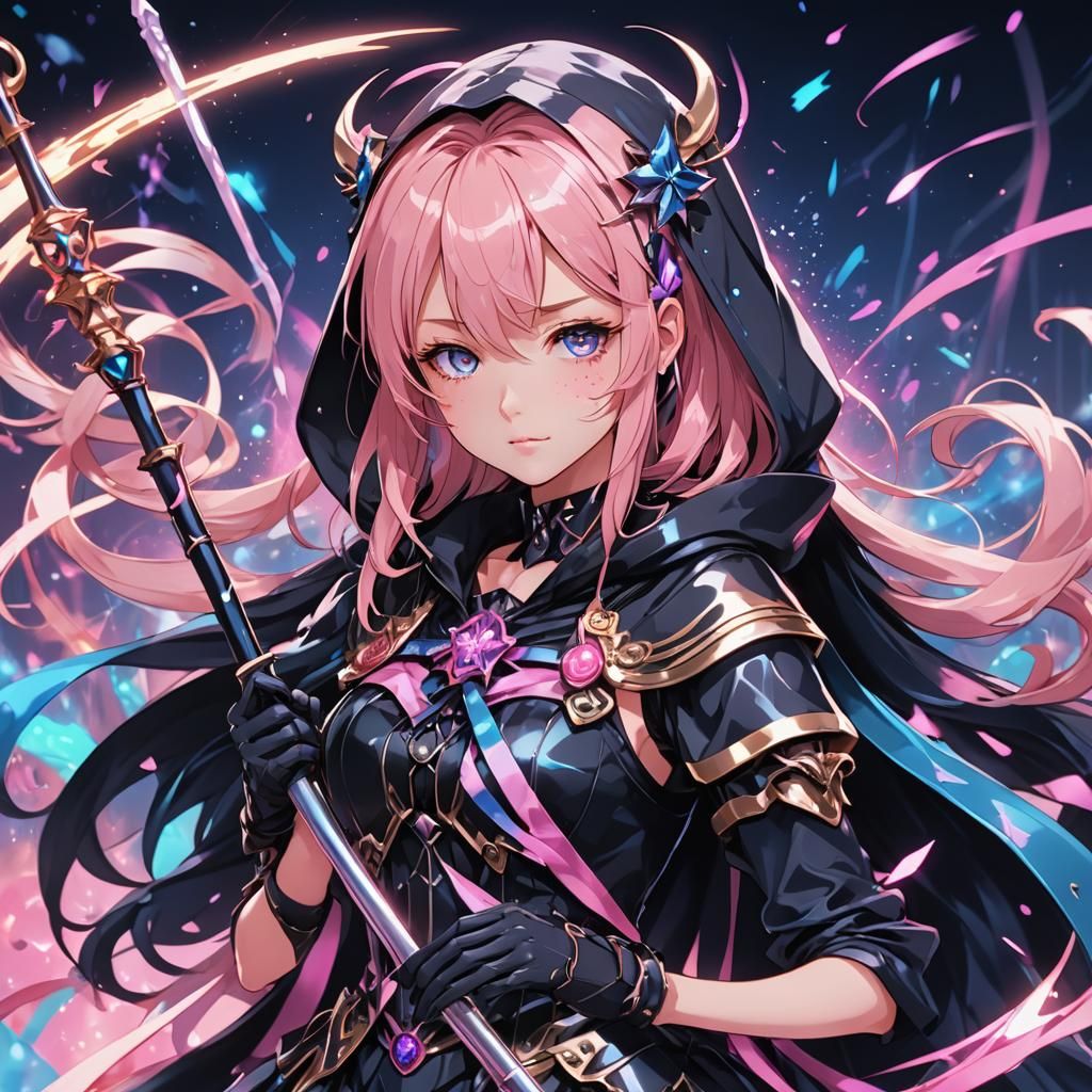 Magical Girl Grim Reaper in Anime Cel-Shaded Style