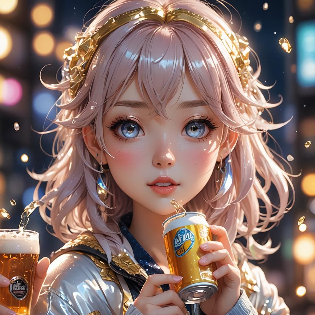 Chibi Anime Girl Drinking Beer: 3D Render