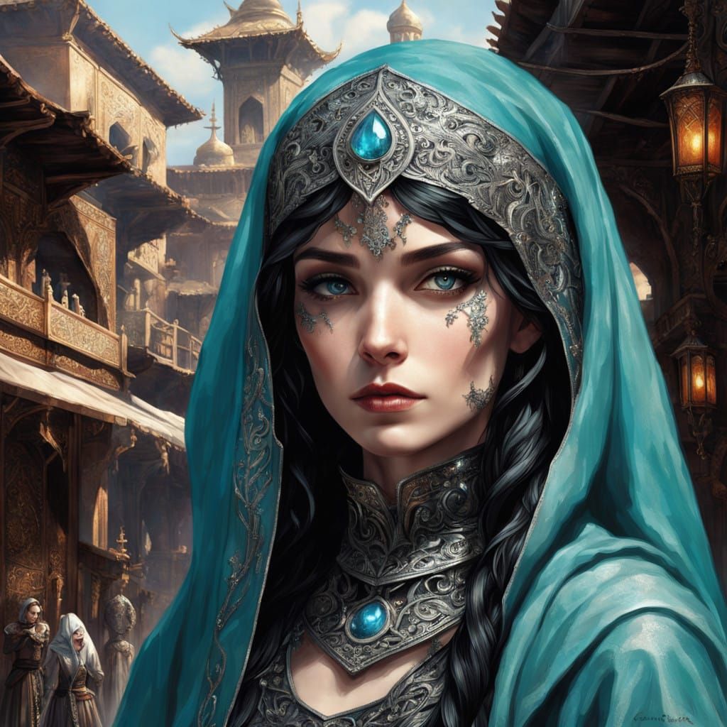 Dark, Gothic Woman in Middle Eastern Cityscape