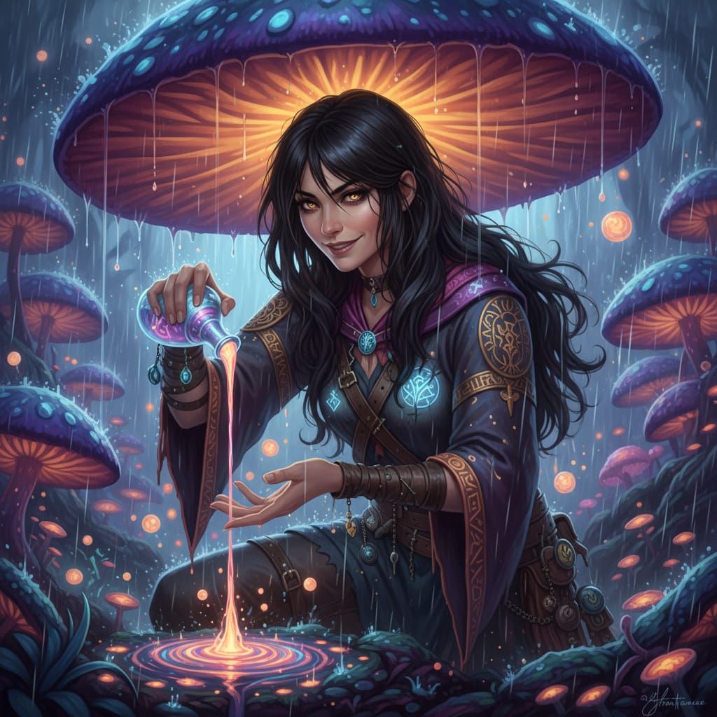 Mischievous Wizard Hiding in Alien Fungus Landscape