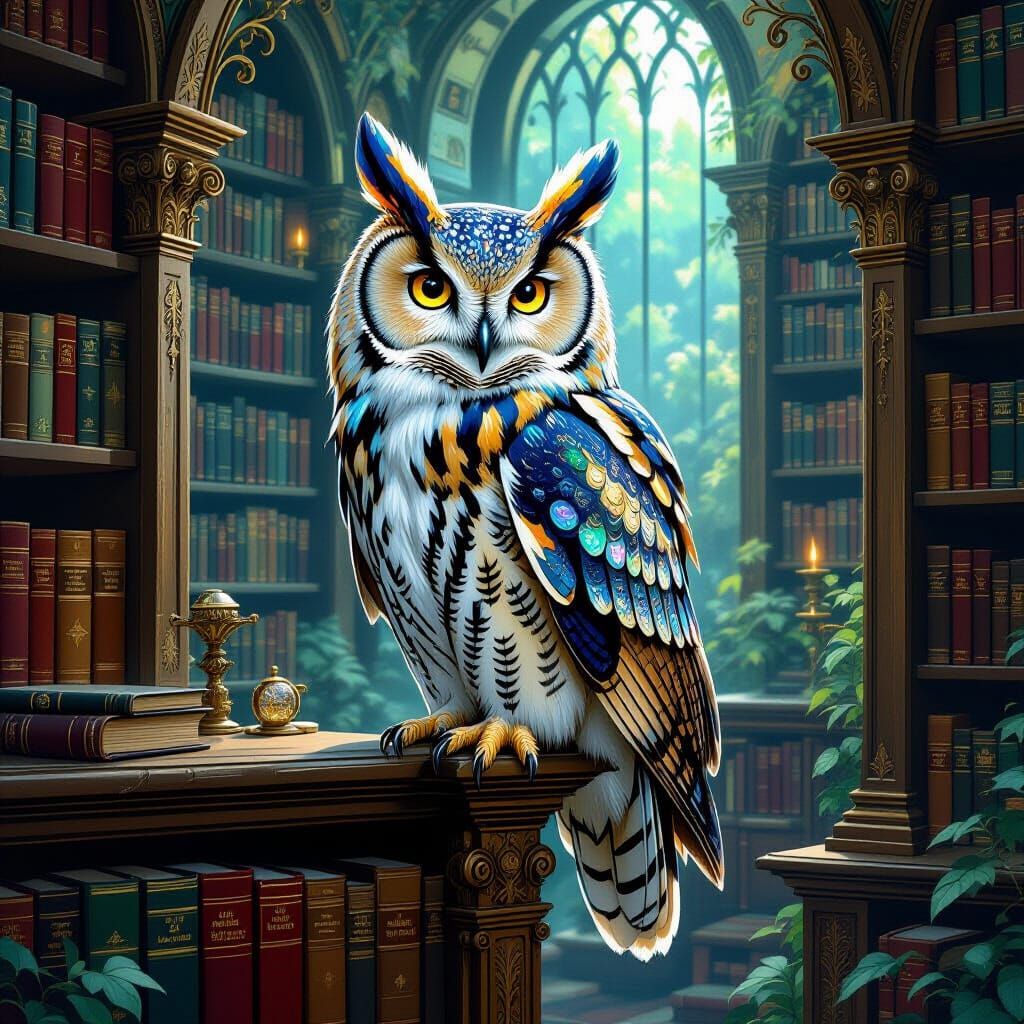 Iridescent Owl in Mystical Library, Art Nouveau Style