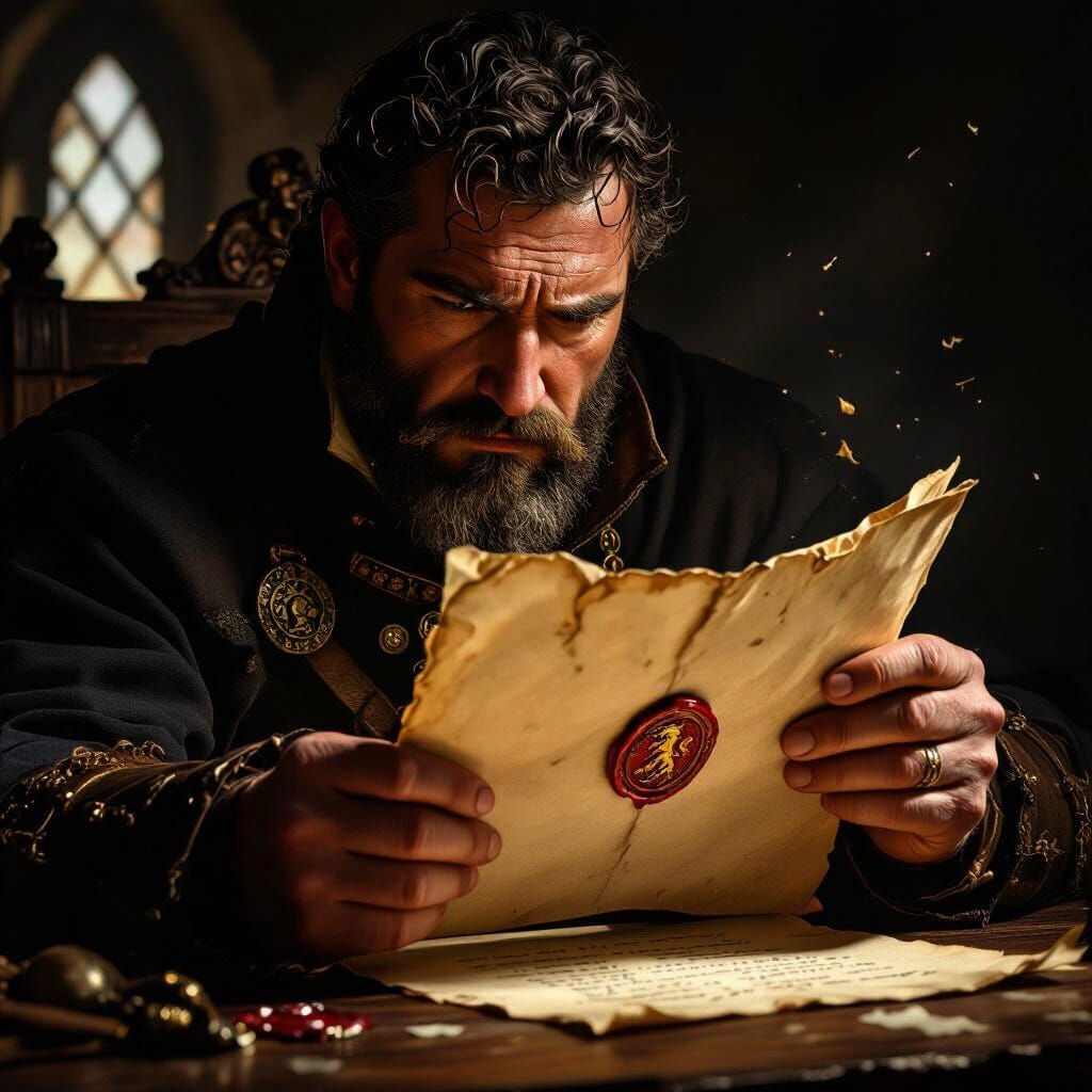 Commander Opens Letter with Wax Seal in Dramatic Medieval Li...