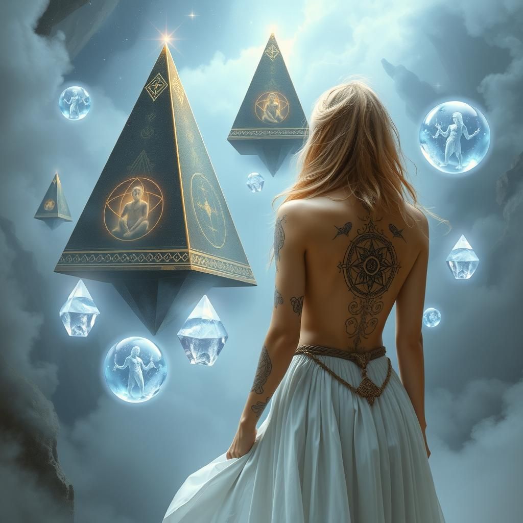 Mystical Mage Gazing at Octahedral Pyramids