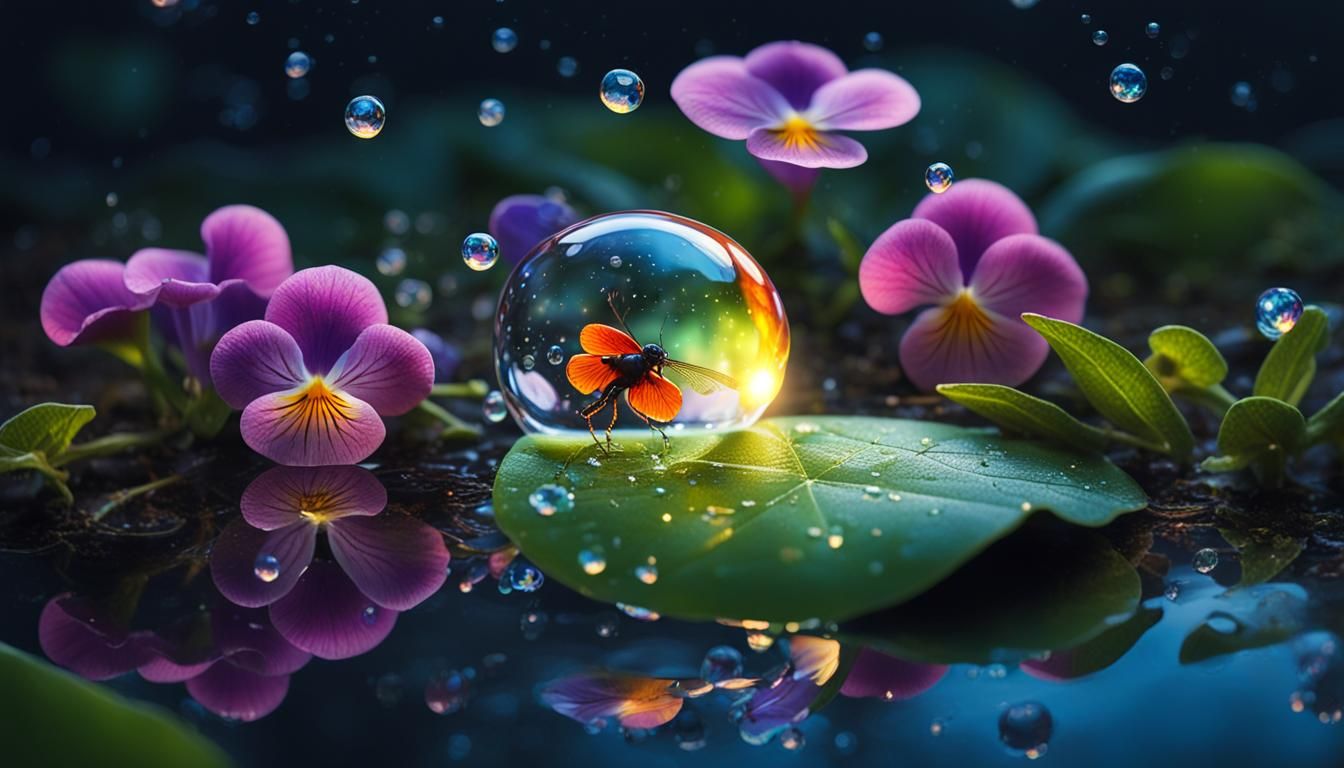 Iridescent Water Drop Reflecting Firefly and Flowers