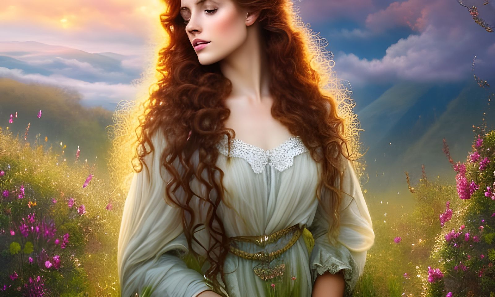 Freckled Girl with Braids in Misty Mountains