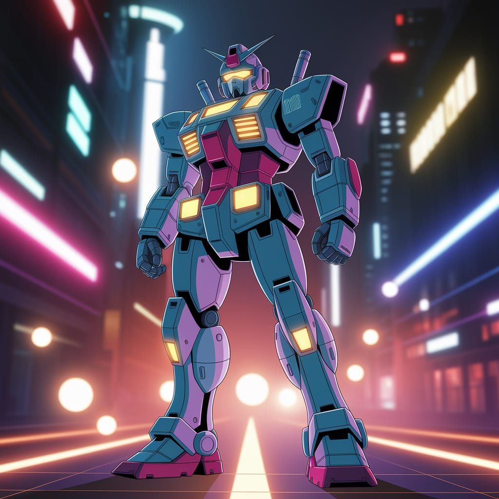 Anime Mecha in Cyberpunk Cityscape with Neon Lights