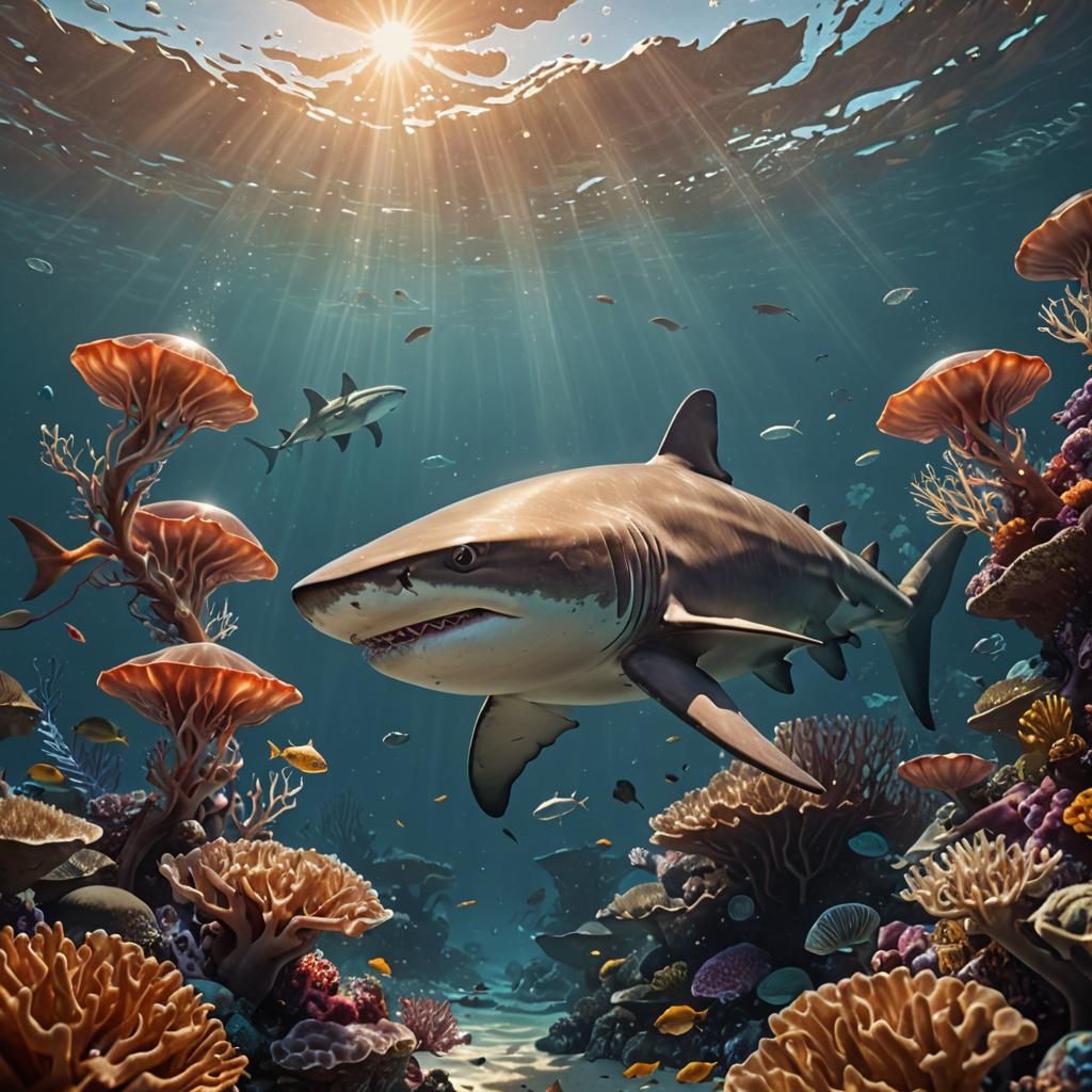 Oceanic Shark-Human Hybrid in Coral Reef