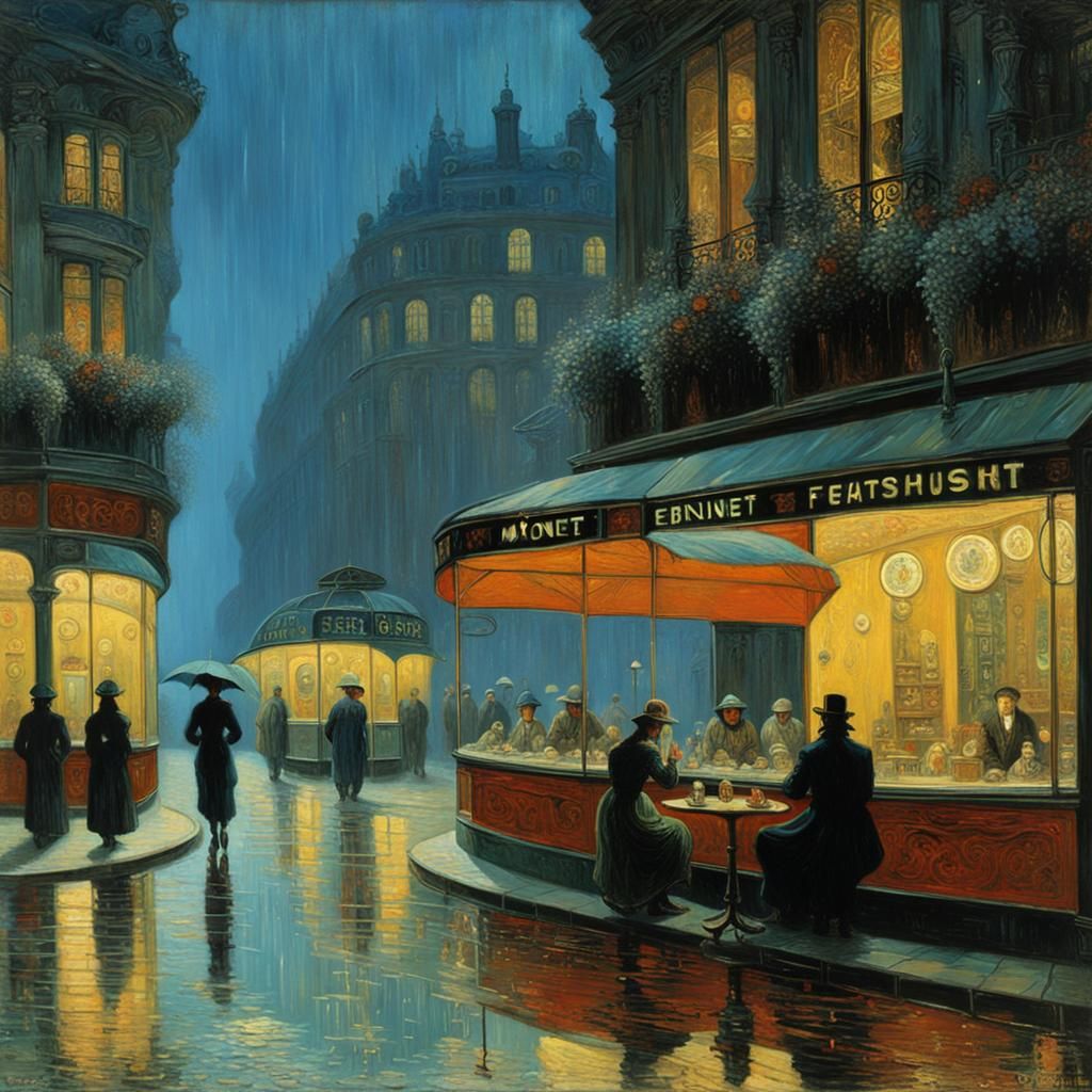 Futuristic Night Cafe: Rain and Reflections in Oil