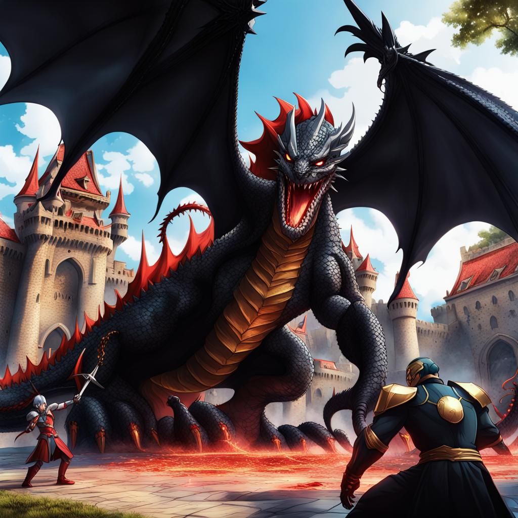 Medieval Knights Fight Dragon in Anime Style