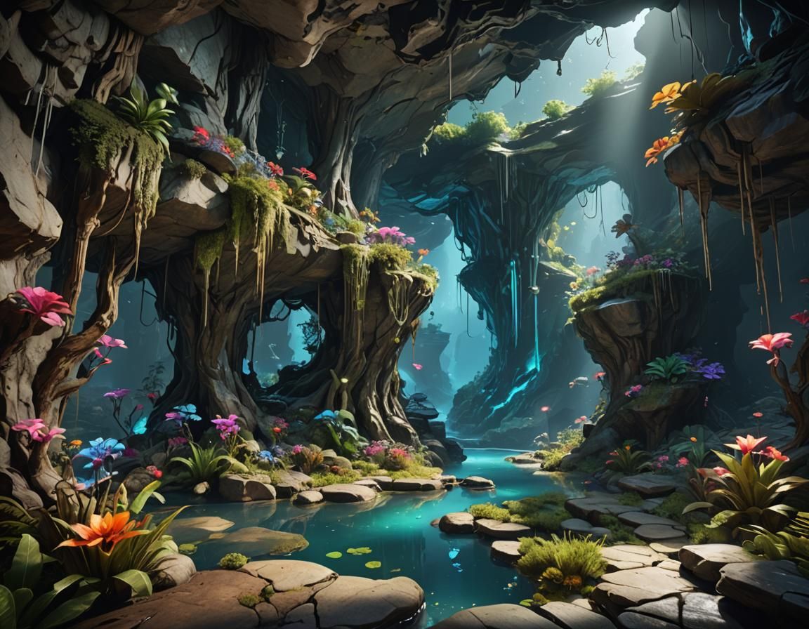 Bioluminescent Cave World with Frozen Waterfalls