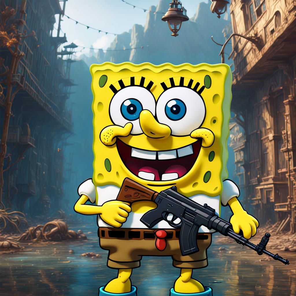 SpongeBob with AK-47: Detailed Matte Painting