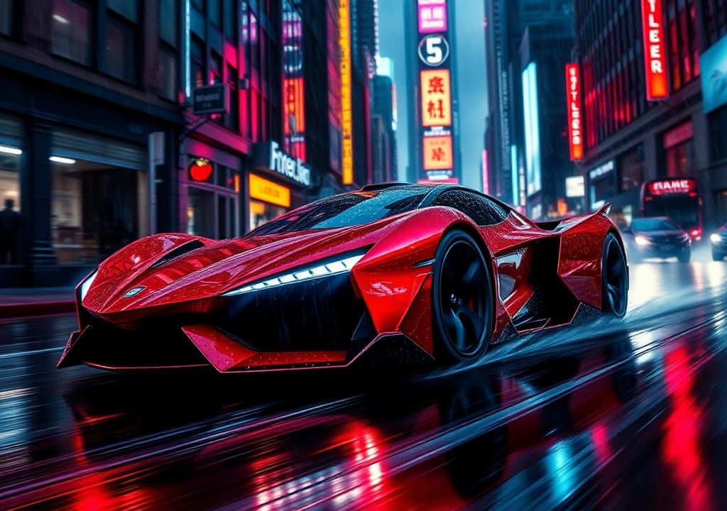 Futuristic Supercar Races Through Cyberpunk Cityscape