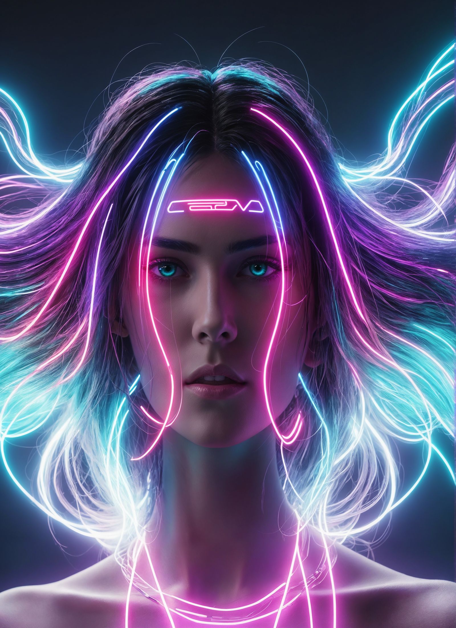 Neon Cyberpunk Goddess with Flowing Hair