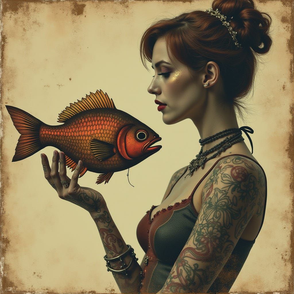 Dieselpunk Woman with Fish in Dadaist Photomontage