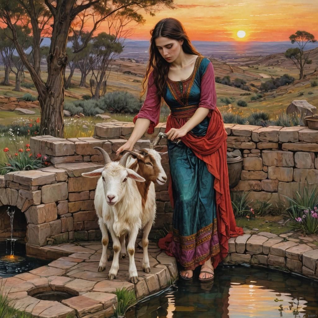Woman and Goat at Well, Vivid Colors