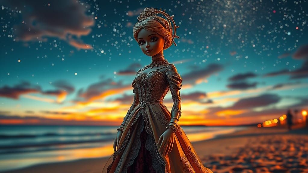 Hyper-Realistic Doll in Ornate Dress Under Glittering Night ...