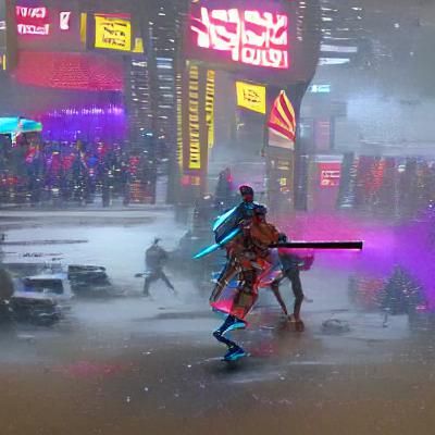 Roman Soldier fighting a Robot Ninja in the Snowy Times Square, with Sparks in the air as their Swords make contact.