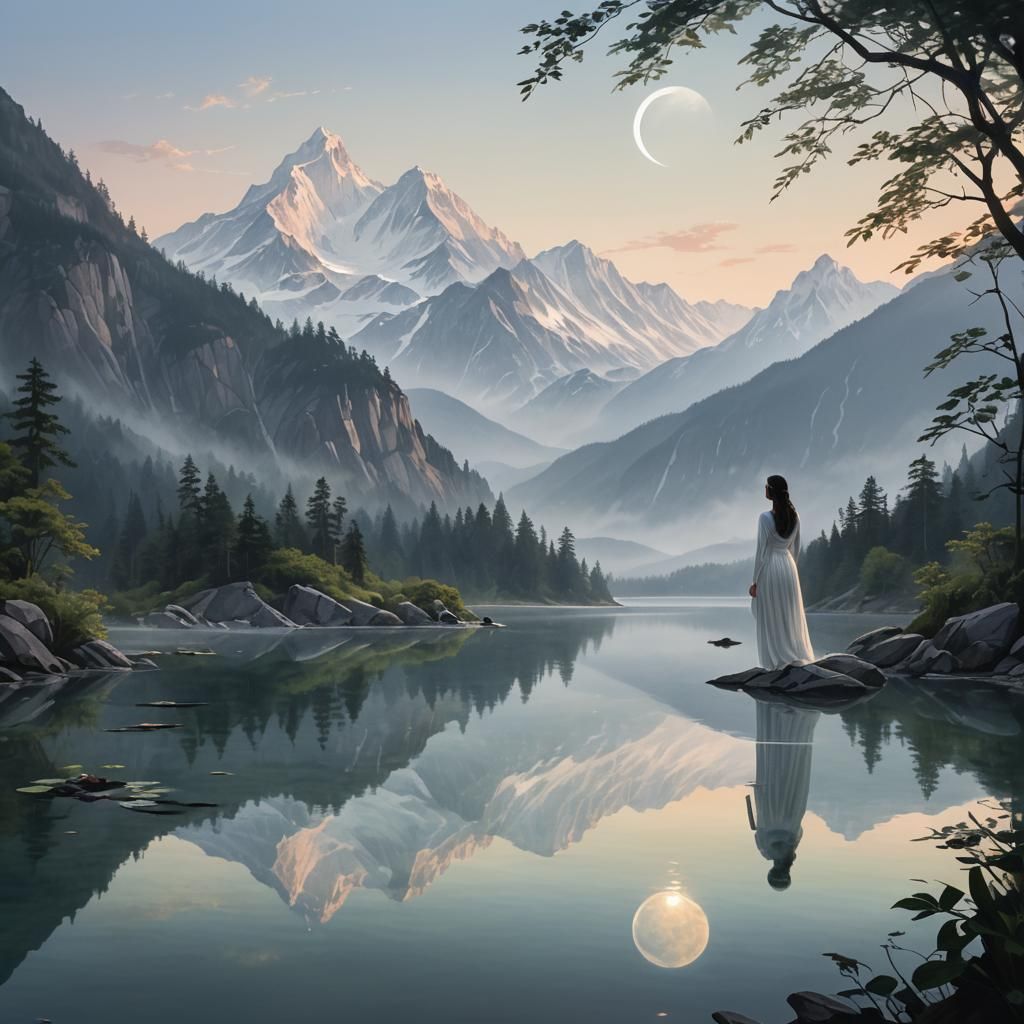 Ethereal Woman Silhouette Reflecting Mountain Vista