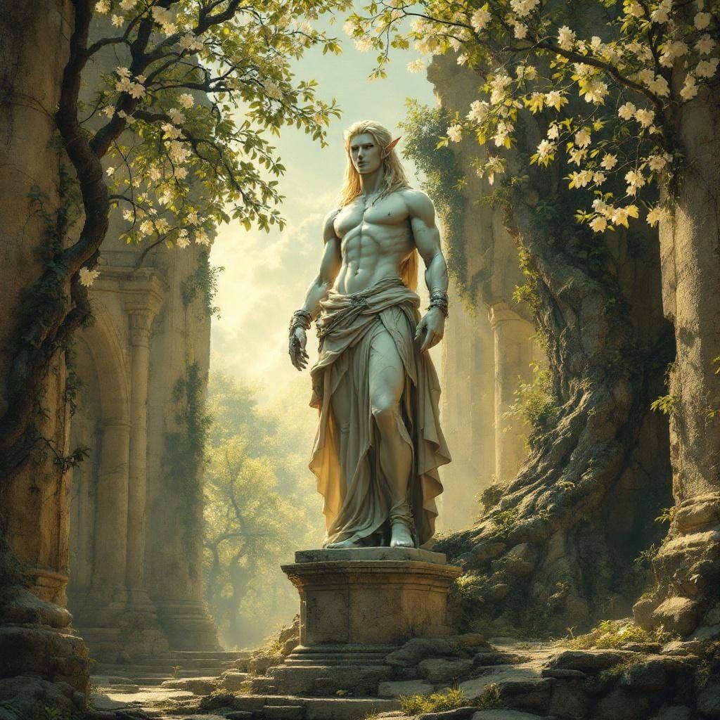 Elf Cyborg Statue in Ancient Temple, Oil Realism
