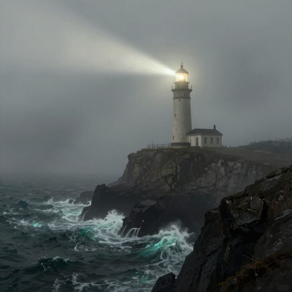Stormy Lighthouse Beam in Ethereal Fog