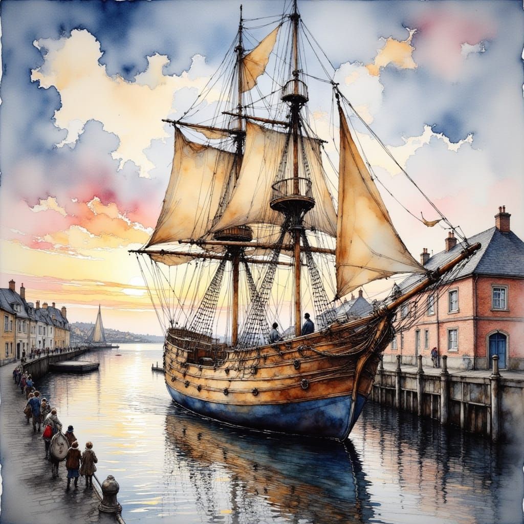 Sailing Ship in a Vintage Harbour Scene