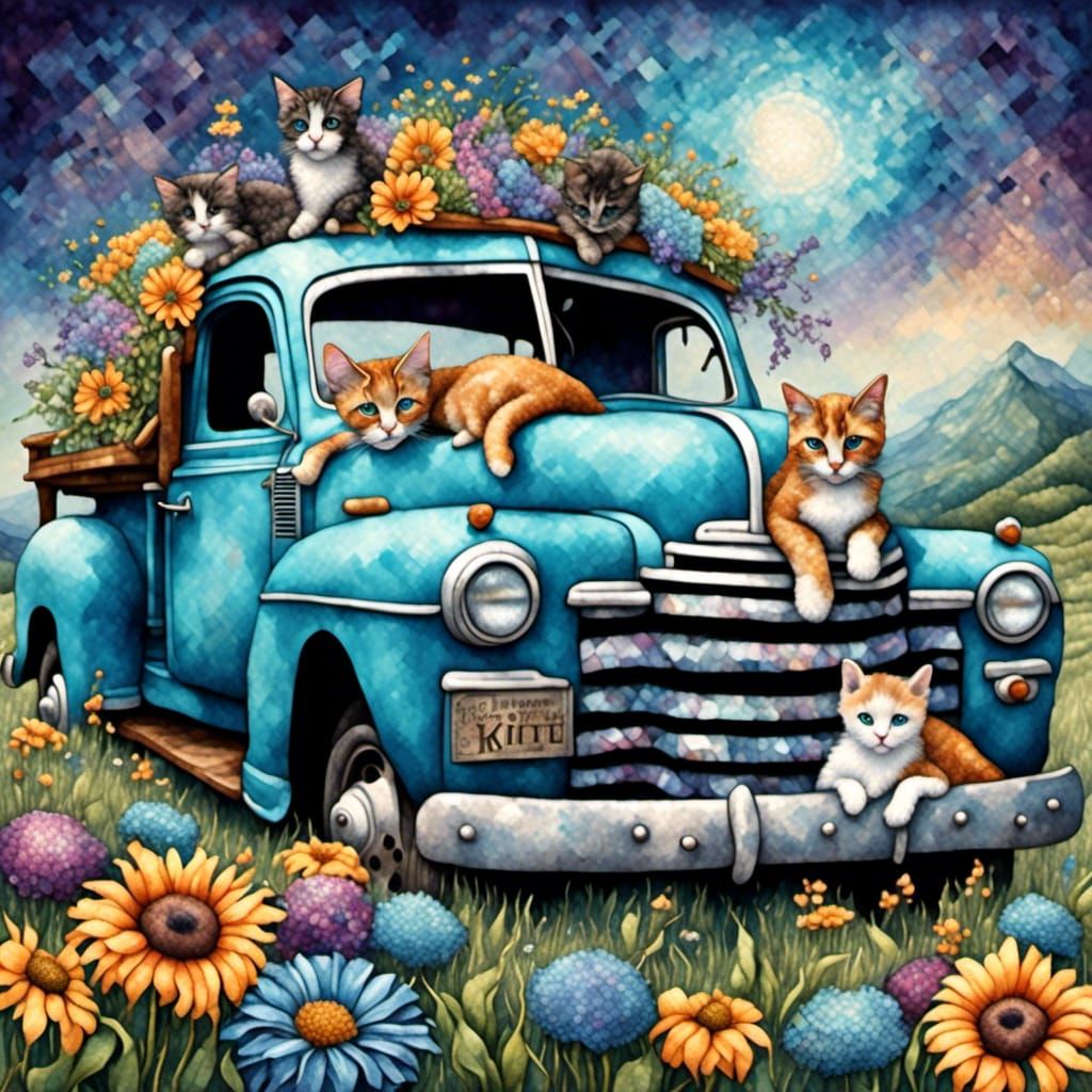 Vintage Aqua Truck with Flowers and Kittens