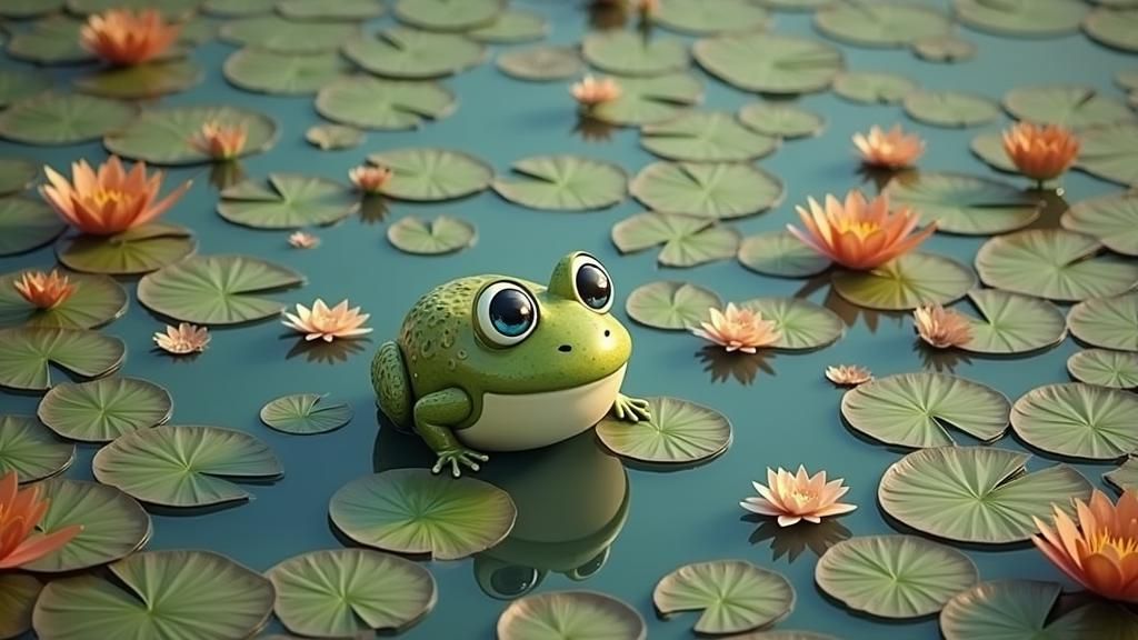 Chibi Frog Hopping on Autumn Pond in 3D