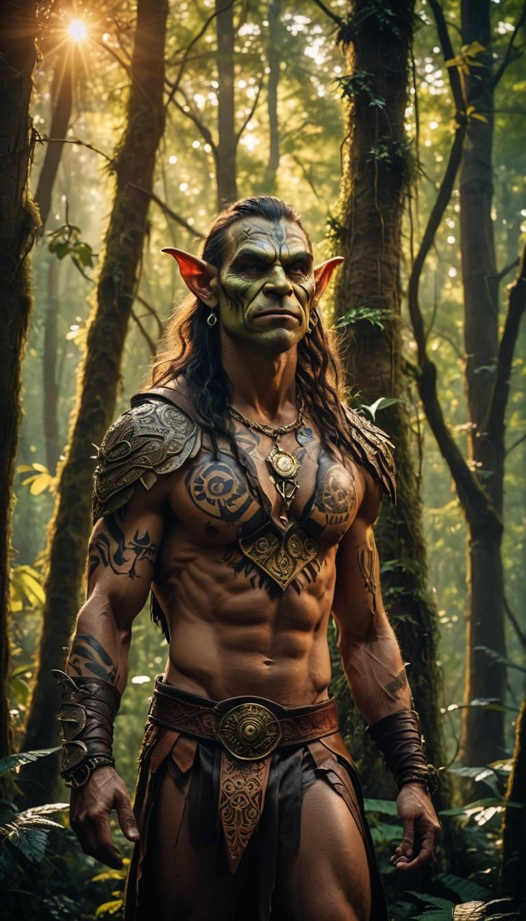 Muscular Goblin Man in Luminous Forest: Fantasy Portrait
